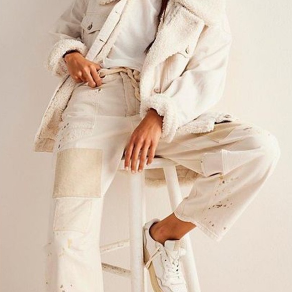 Free People Holly Cozy Denim Jacket We The Free Faux Fur Collar Trim Ivory - Picture 3 of 7